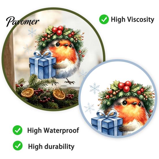Glass Door Decorative Scenes Christmas Bird Static Window Sticker, Cute Watercolor Stickers with Wreath And Gift Box, PVC Festival Atmosphere