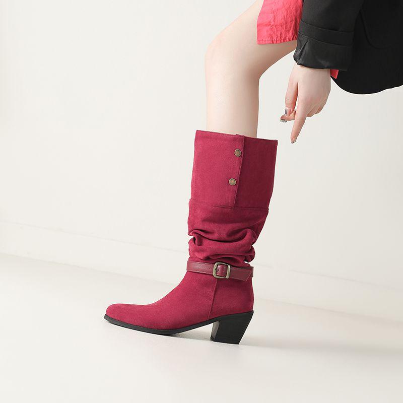 Veloursleder Damen Kniehohe Stiefel Runde Zehenpartie Blockabsätze 6,5cm Zum Hineinschlüpfen Gürtelschnalle Nieten Übergröße 42 43 Dating Bota