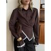 Women Vertical Stripes Cross Shirt Long Sleeve Cardigan Blouse Slim Fit Casual Spring Autumn Casual Lace Tops Fashion Elegant Tops
