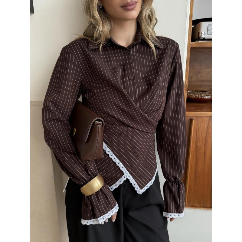 Women Vertical Stripes Cross Shirt Long Sleeve Cardigan Blouse Slim Fit Casual Spring Autumn Casual Lace Tops Fashion Elegant Tops