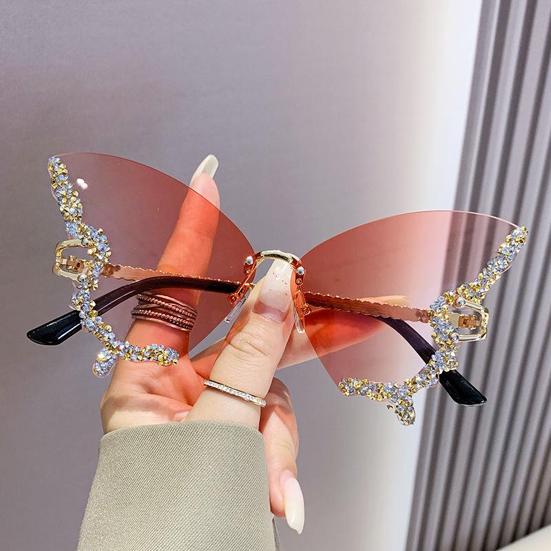 Cross-Border Butterfly Rhinestone Frameless Sunglasses - Women's Fashion, Exaggerated Celebrity Style