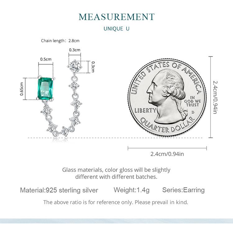 Bamoer 1PC 925 Sterling Silver Double Hole Chain Earrings for Women Fine Jewelry Green Square Piercing Ear Stud Wedding