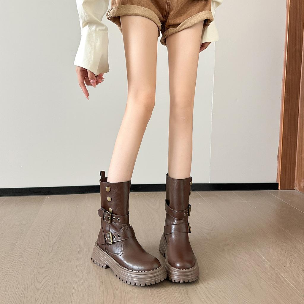 2025 autumn height increase of 8 cm retro fold two wear thick-soled Martin boots women's new round head belt buckle medium boots
