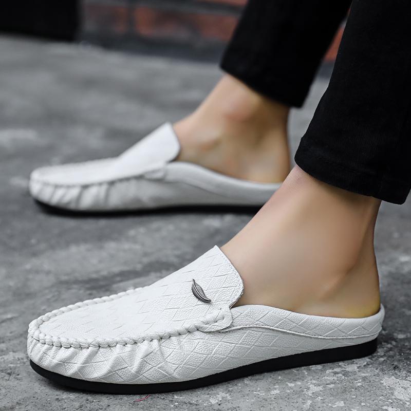 Half Shoes for Men Loafers Slippers PU Leather Man Slides Breathable Mules Closed Toe Sandals Outdoor Lightweight Slip On Flats