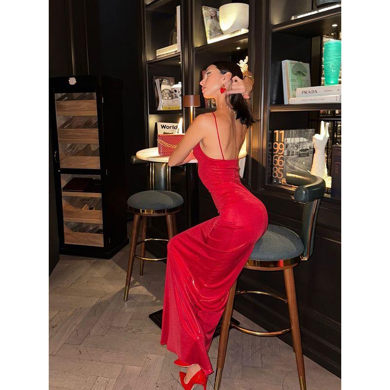 Cnyishe Elegant Graceful Fancy Accessible Luxury Long Dress Red Slim Fit Open Back Sling Dress