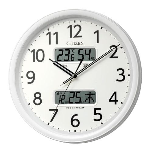 RHYTHM Citizen Wall Clock, Radio-Controlled, Analog, Temperature, Humidity, Calendar (Digital LCD Display), Quiet, Continuous Second Hand, White, 35x
