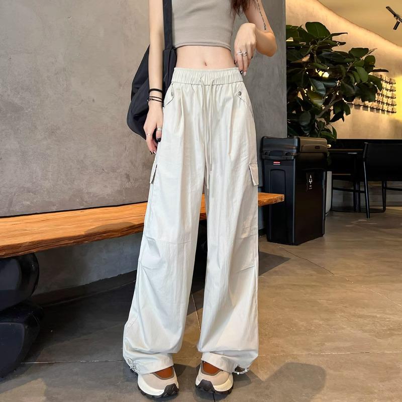 Women's High-Waist Apricot Cargo Pants - Petite Wide-Leg, Spring/Autumn, Casual American Sports Style.