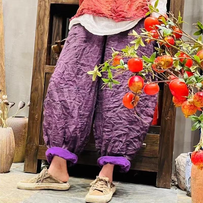 Johnature Women Harem Pants Solid Color Elastic Waist Pockets Patchwork Trousers Summer Loose Ankle Length Pants