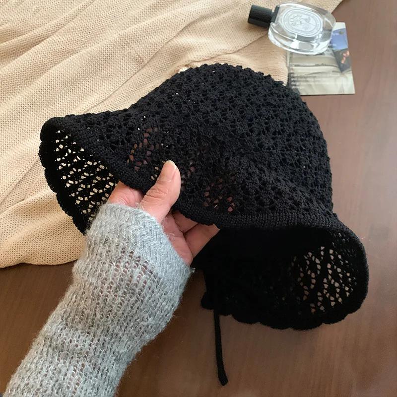 Damen Sommer Dünn Atmungsaktiv Gesicht Kleines Hohlmuster Riemen Eimerhut Sonnenschutz Sonnenschutz Gewebter Sonnenhut