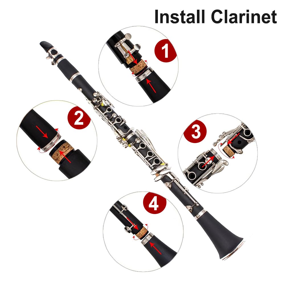 Yinfente Professional Ebonite Clarinet, B-flat, Beginner-friendly, 2-barrel, Hard Case, Cleaning Kit, Mouthpiece, Cork Grease, Gloves