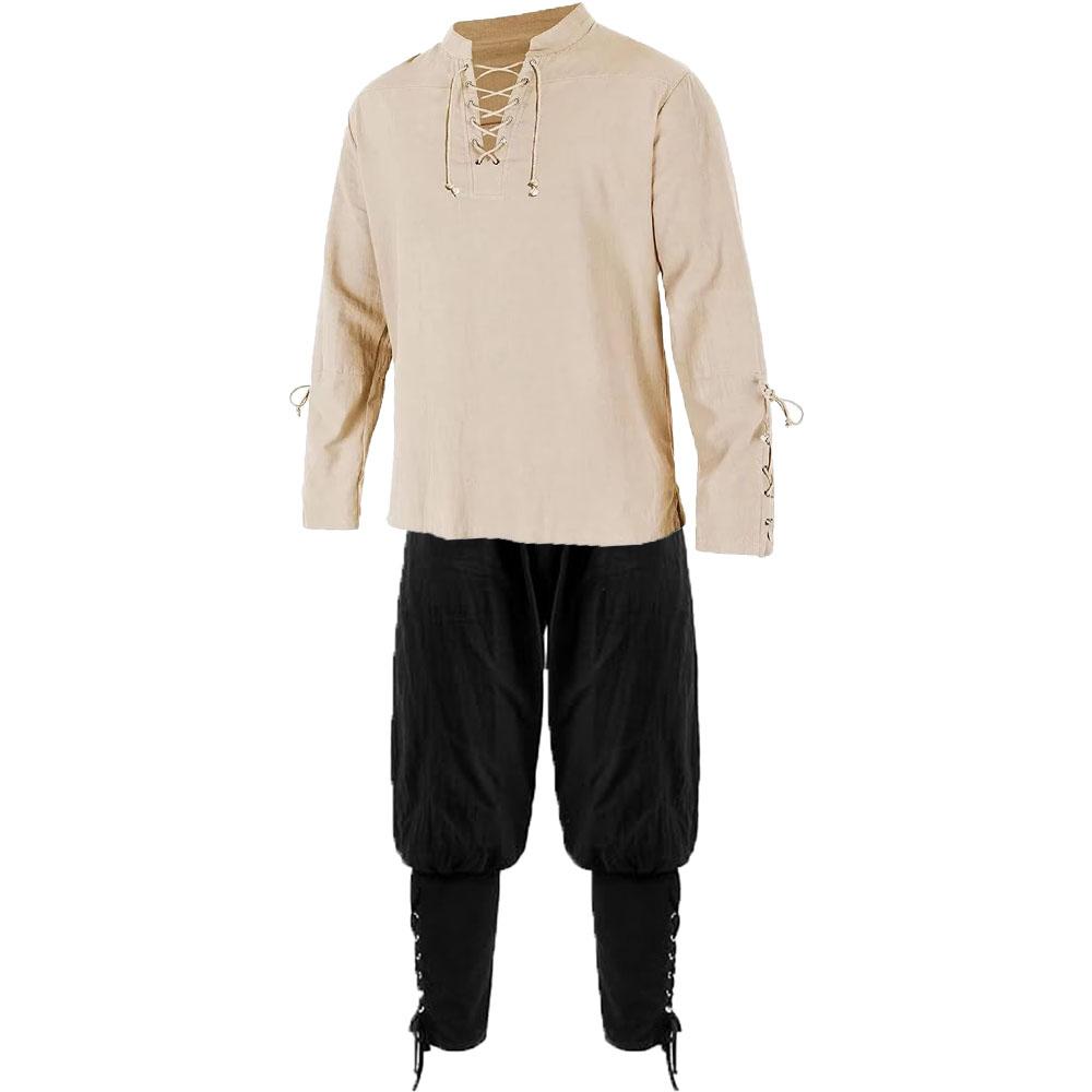 Renaissance-Sets für Herren, Piratenhemden und -hosen, Herrenkostüm, Baumwolle, Leinen, V-Ausschnitt, Kordelzug, Partykleid, zweiteilig
