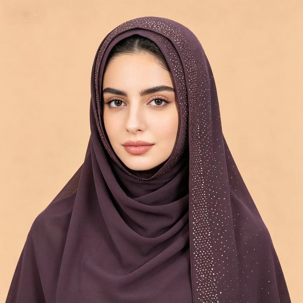 Full Cover Rhinestone Chiffon Scarf Solid Color Breathable Prayer Hijab Crinkle Shawl