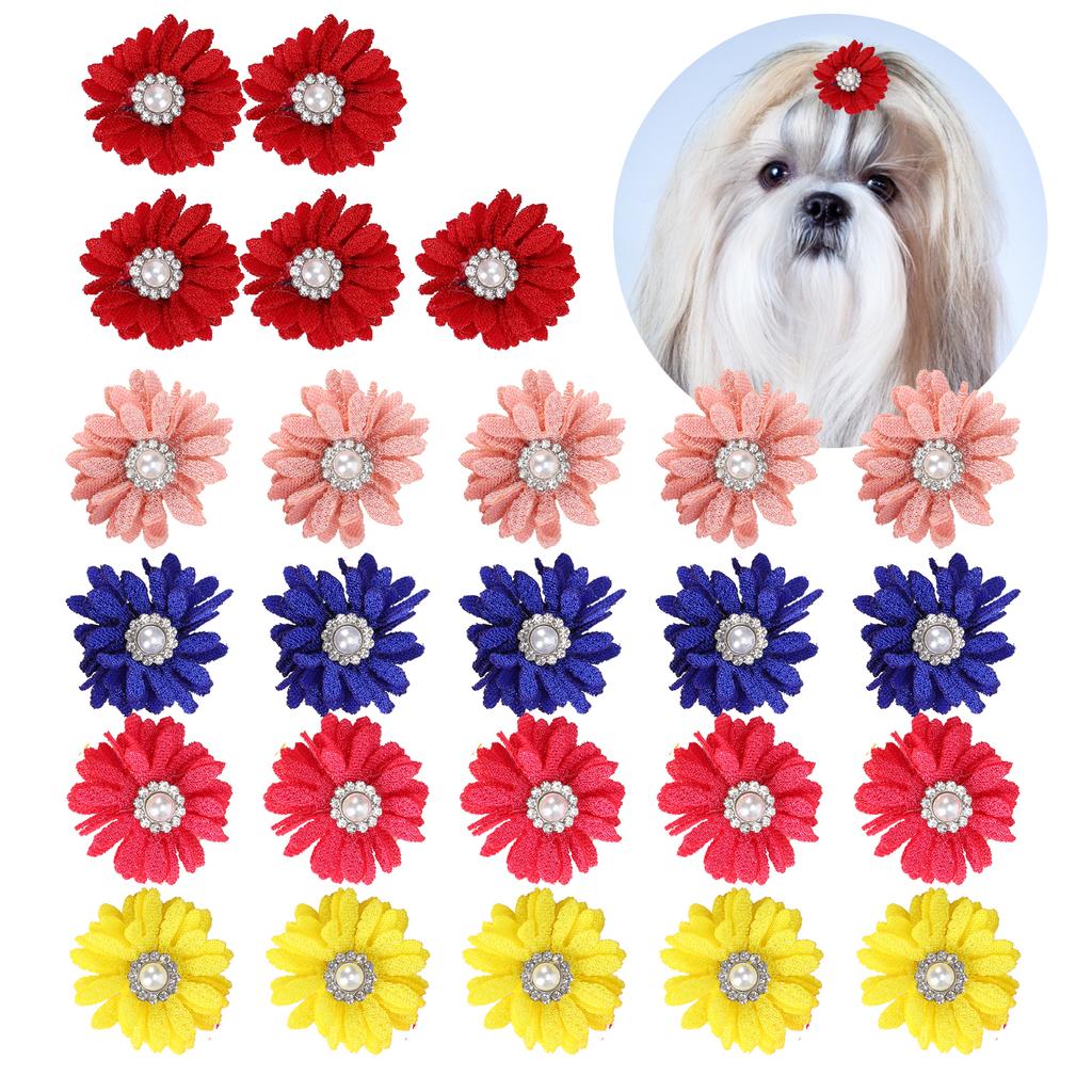 25Pcs/lot Cute Pet Dog Cat Hair Bows Flowers Grooming Bows with Rubber Bands for Pet
