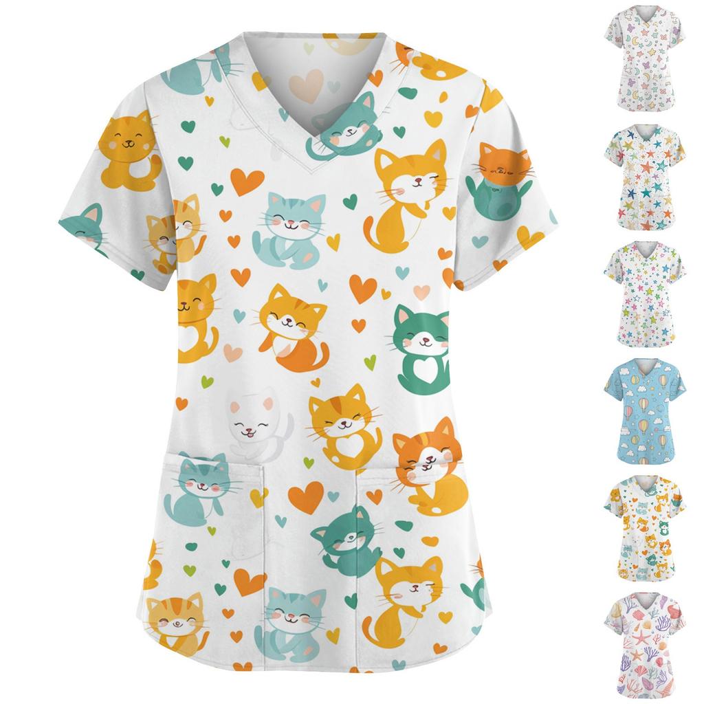 Damenmode V-Ausschnitt Kurzarm Overalls mit Taschen Print Tops Kleidung