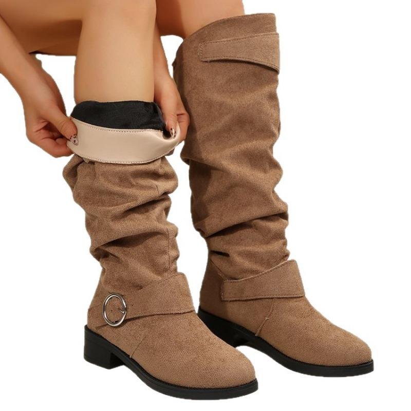 Fashion autumn and winter new low-heeled pleated women's leather boots Western cowboy medium boots women's boots