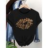 European Size Womens Leopard Lips Graphic Tee Shirt Valentine's Day Crew Neck Short Sleeve Casual Everyday Tops