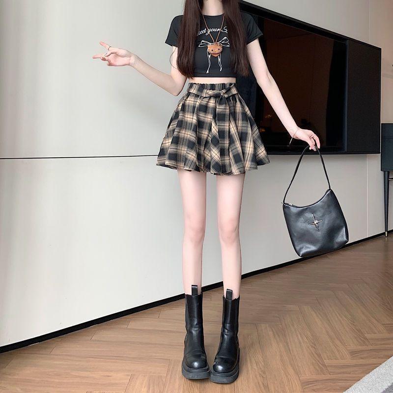 2025 Summer British Retro Plaid High Waist Slimming Midi Skirt for Women
