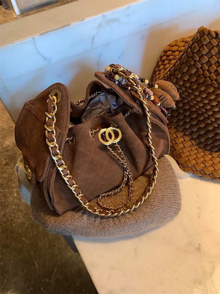 Women's Genuine Leather Hobo Bag - Caviar Grain, Suede, Diamond Pattern, Chain Drawstring