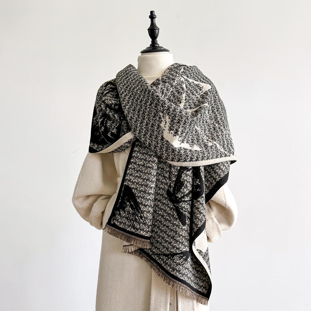 Women'S Elegant Double-Sided Floral Jacquard Pashmina Shawl - Winter Thick Warm Tassel Coldproof Windproof Blanket Scarf