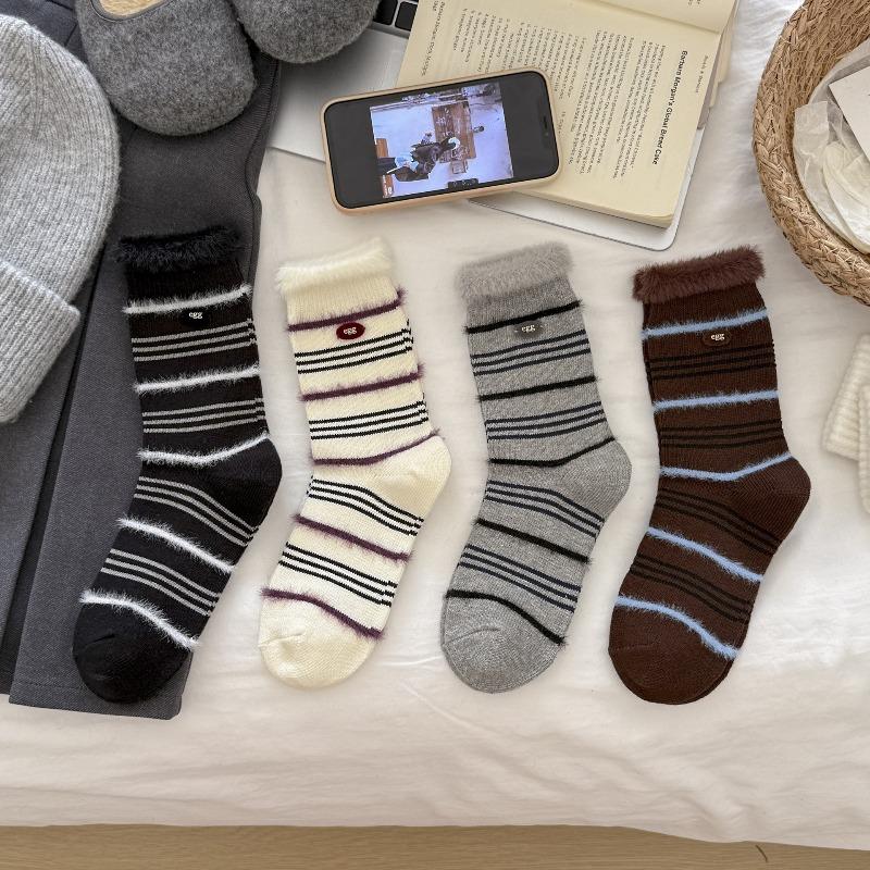 Mink Fur Striped Socks for Women in Autumn and Winter, Button Cotton Mid-calf Socks, Retro Flocking Pile Socks for Warmth