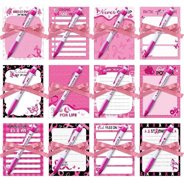 Yeaqee 12 Set Employee Appreciation Gifts 12 Empowering Sticky Notepads 12 Pens 12 Ribbons Motivational Sticky Notes pirational Pens for Office Breast Cancer