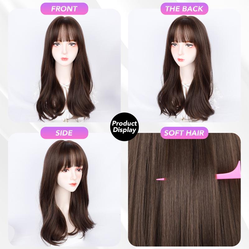 22 Inch Brown Curly Wigs Air Bangs Fiber Synthetic Heat-resistant Wave Hair Sweet And Natural Party or Selfie Korean Fashion