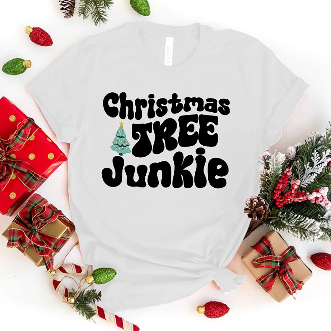 

Christmas Tree Junkie Letter Printed Women T-Shirts Christmas Tree Junkie Short Sleeve Shirts Summer Round Neck Tee Shirt XXXL золотой