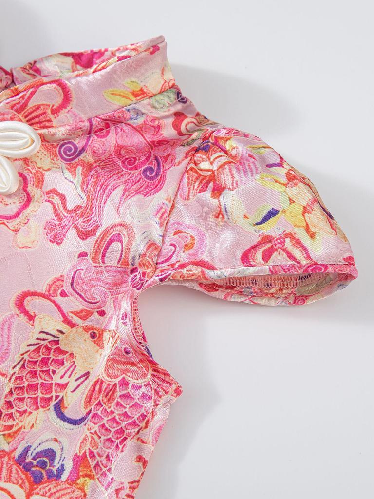 Girls' Sleeveless Tang Suit Dress: Summer Koi & Flower Design