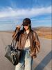 Women's Retro Brown Leather Motorcycle Jacket - Short, Loose, Korean Style for Spring & Autumn 2024.