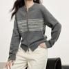 Herbst neues Design Doppelreißverschluss Strickjacke Damenoberteil Retro Jacquard Rundhals Strickjacke Pullover Damen