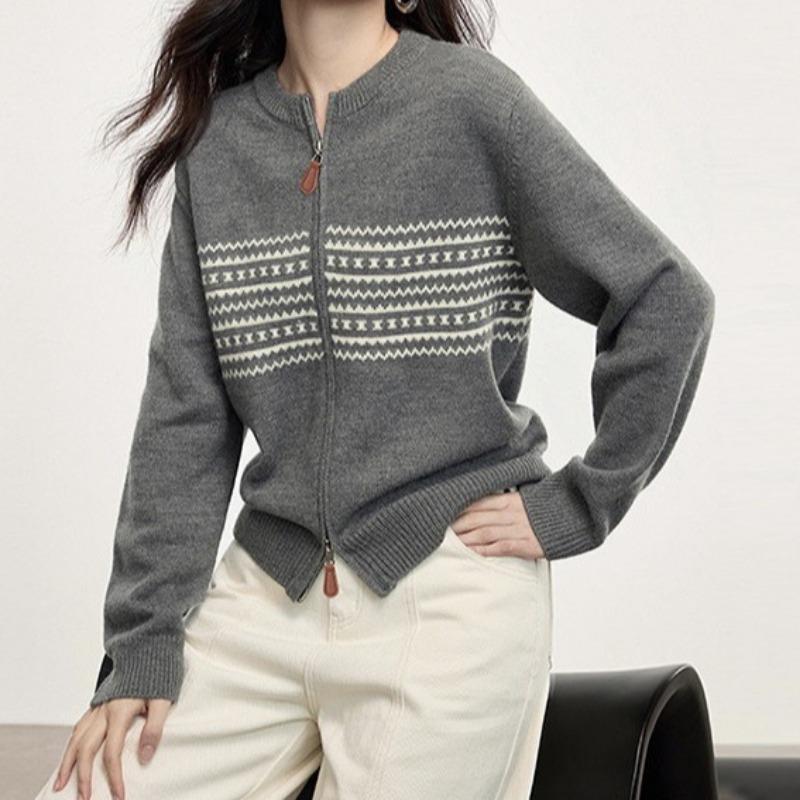 Herbst neues Design Doppelreißverschluss Strickjacke Damenoberteil Retro Jacquard Rundhals Strickjacke Pullover Damen