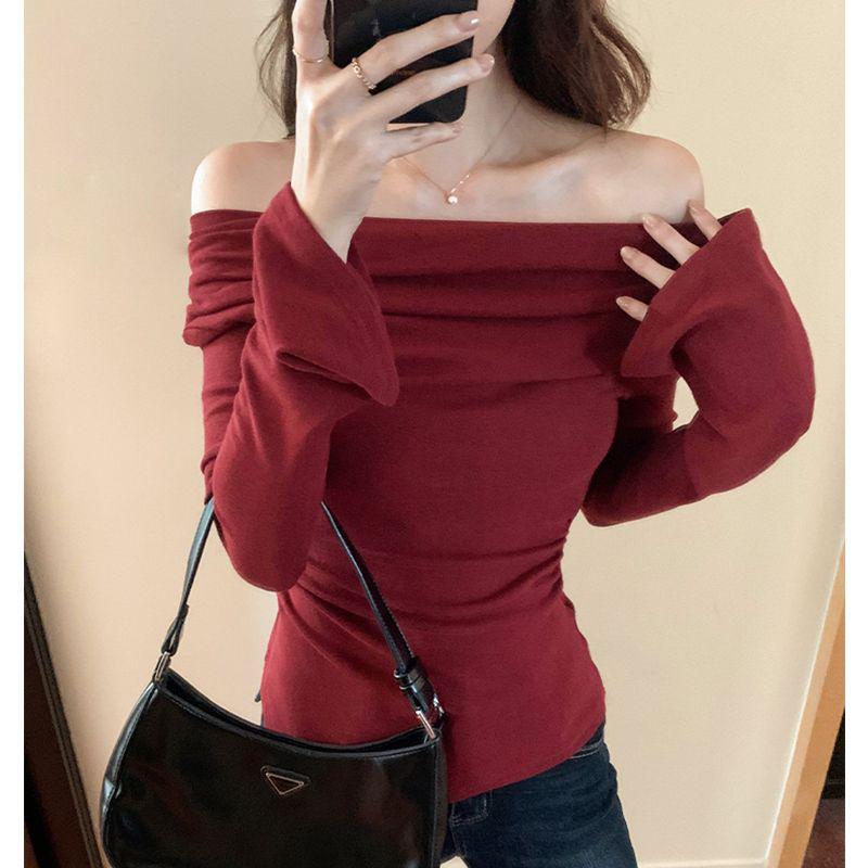 

Футболка корейского абрикосового цвета со складками на плечах 2024 года — стиль горячей девушки, облегающий крой, нестандартный топ на осень S (80-90 kg) красный