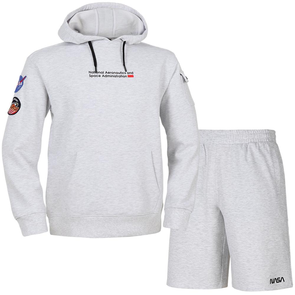 Nasa Unisex Standard Sweatshirt With Wappen Hoodie + Knee-Length Cotton Shorts Set [Melange White] 95