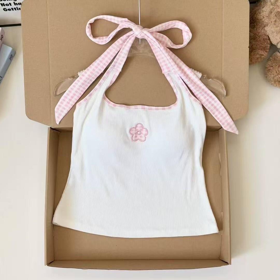 

Women s Cute Embroidered Camisole Tank Top for Summer Sleeveless Halter Neck with Tie Straps One size fits all [80-60kg] рожевий