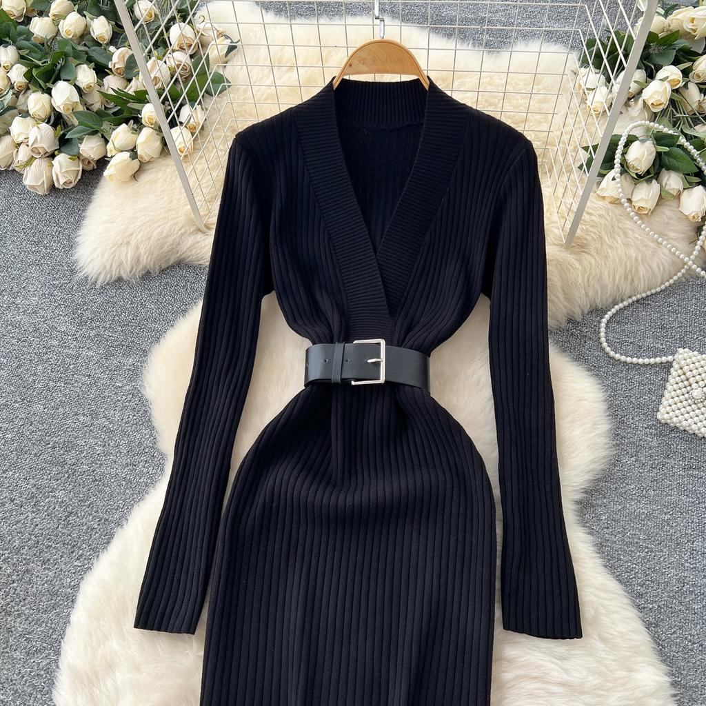 Spring Autumn Women Casual V-neck Full Sleeve Knitted Sweater Midi Pencil Dresses with Belt