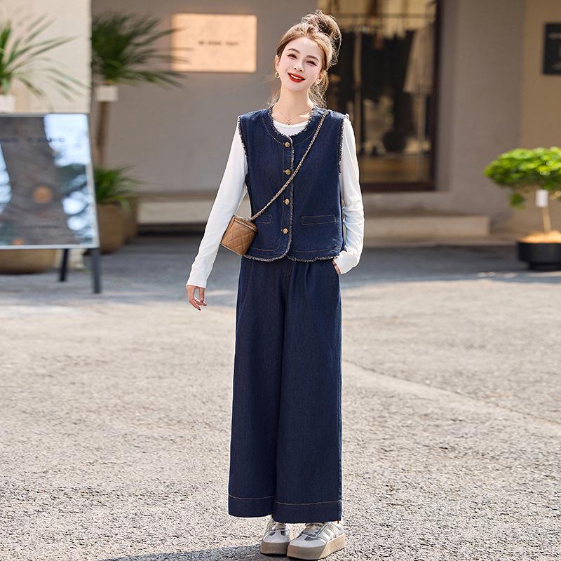 

Women s Spring/Autumn 2025 Fashion Denim Suit Set with Vest and Wide-Leg Pants, R5522 S (90-110 jin)