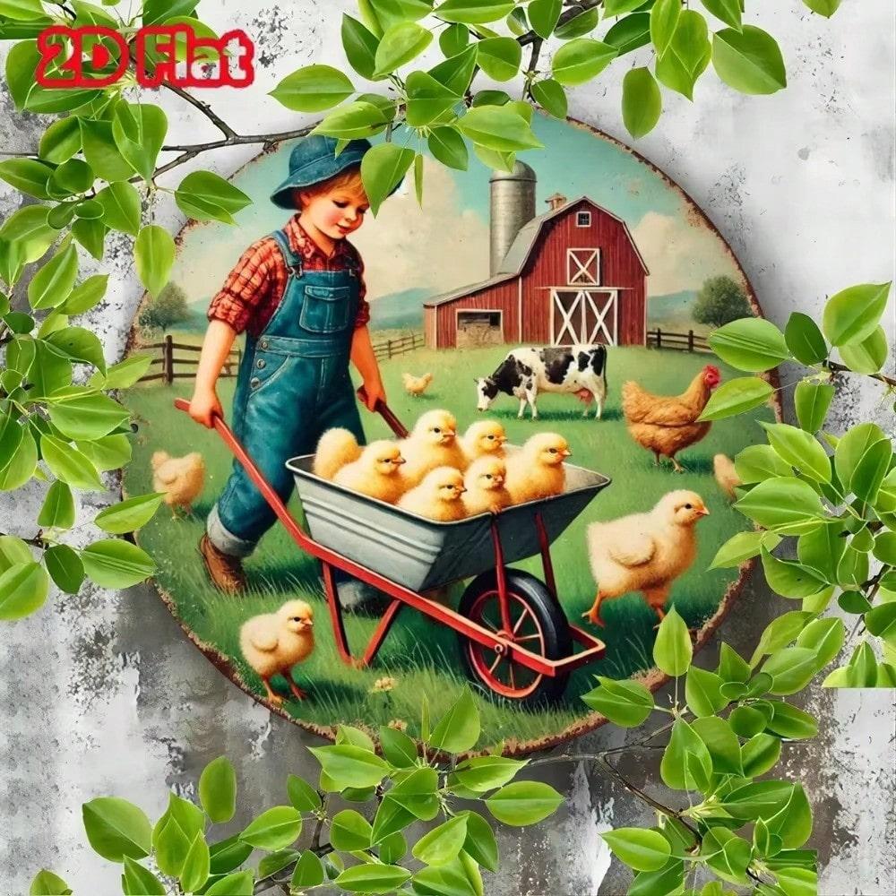

Rustic Farmhouse Metal Wall Art Chick Scene HD Print Weather Resistant Decor for Living Room Office Wall M білий