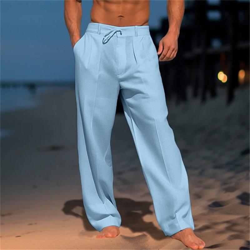 Men's Linen Trousers, Summer Beach Pants, Front Pocket, Solid Color, Breathable, Casual, Daily Vacation