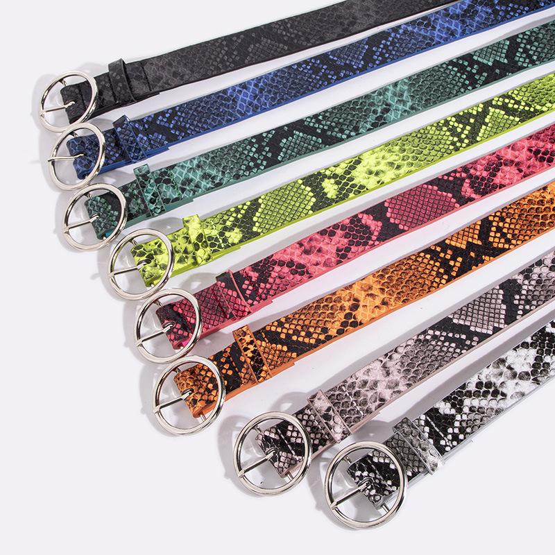 Young Fluorescent Color Snake Pattern Round Buckle Summer Casual Fashion European and American Women Belt Women Belt