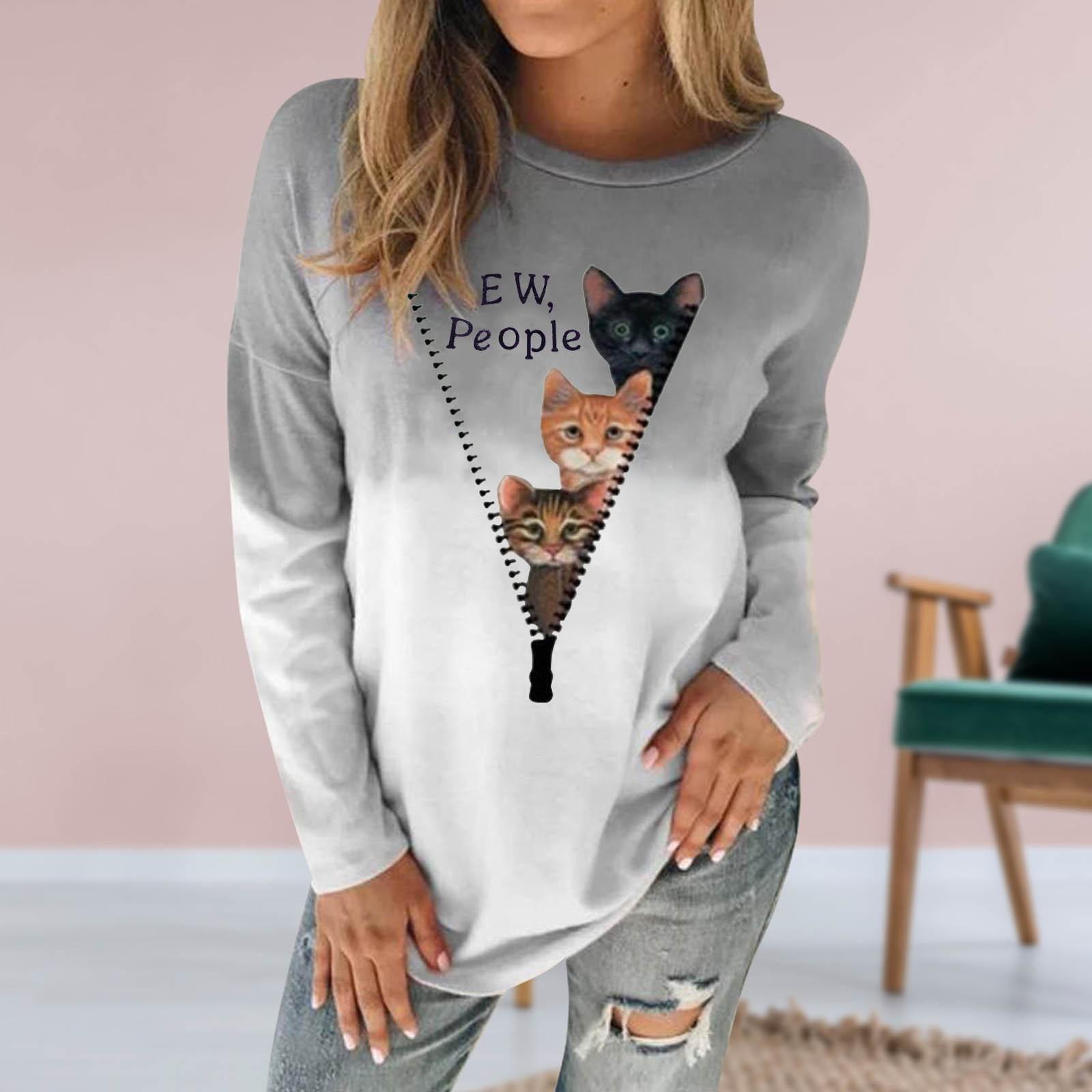 

Женская мода Cat Свободные топы с длинными рукавами Блузка Градиентная толстовка XXXL серый