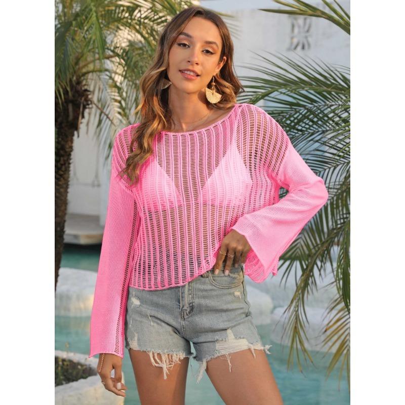 Women's Hollow Woven Short Loose Flared Sleeve Beach Smock Top