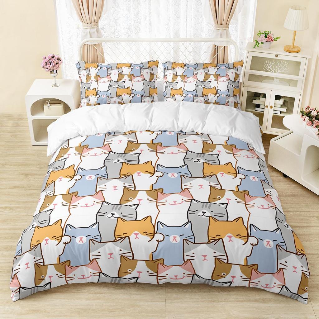Cartoon Cat Duvet Cover Set Full Size Cute Cat Bedding Sets For Kids Girls Blue Watercolor Cat Comforter Covers Set All Season
