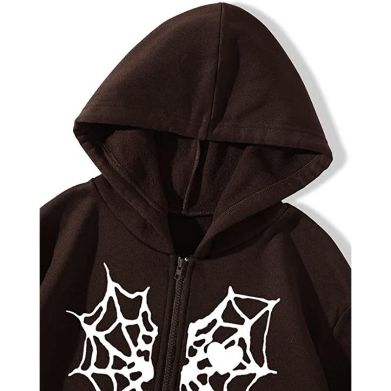 Women S Fall Winter Fleece Hooded Zip Up Cardigan Sweatshirt Spider Web Heart Print