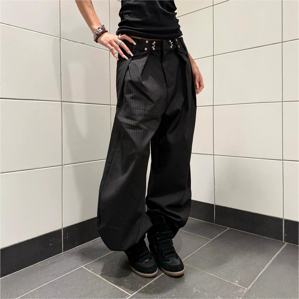 American Japanese Hong Kong Style High Street Retro Striped Pleated Scimitar Pants Men's and Women's High-end Casual Pants Tide