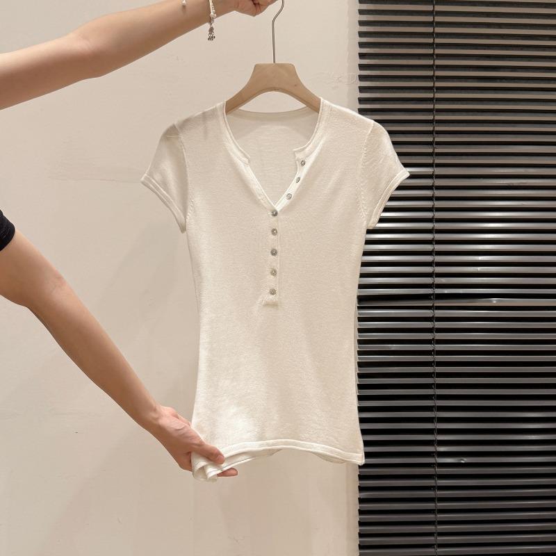 Women s Off White Henley Half Button Slim Short Sleeve Knit Top S белый