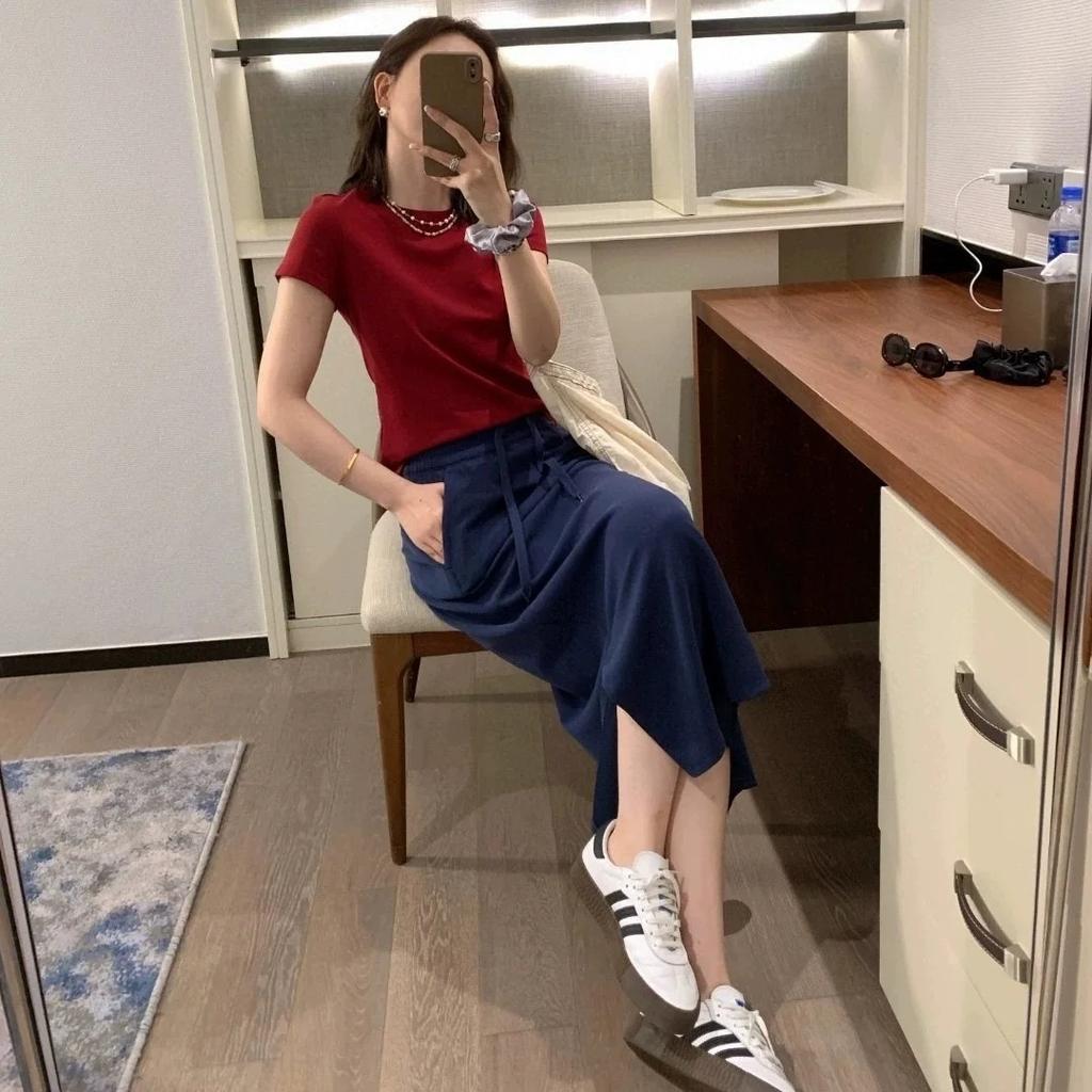 Drawstring Slit, Elastic, Light Casual Skirt, Thin Woman