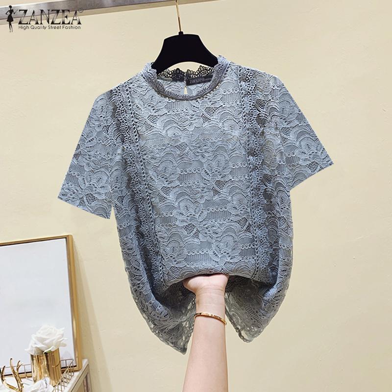 

ZANZEA Женские летние блузки с круглым вырезом и коротким рукавом с кружевом 4XL белый