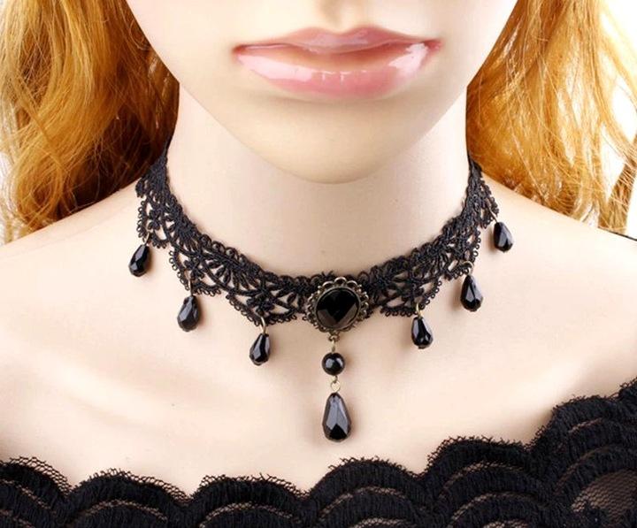 Gotycki Naszyjnik Czarna Koronka Styl Punk Damski Boho Folk Choker Retro