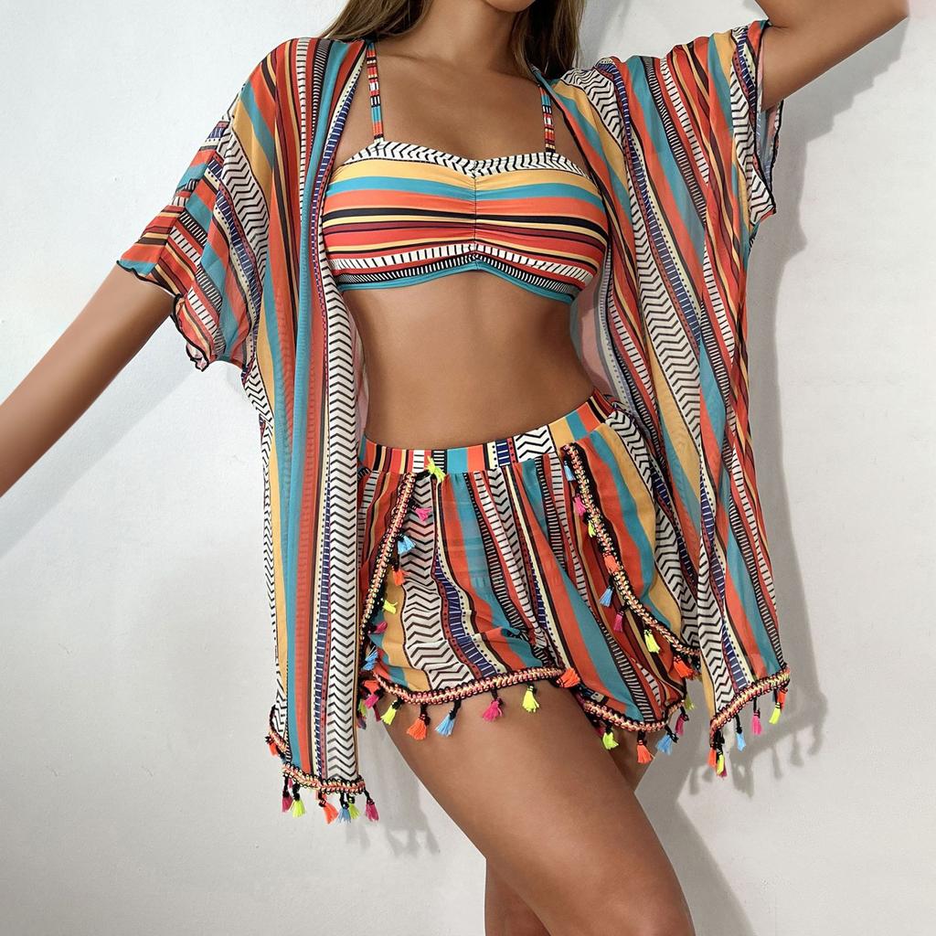 Set Bikini Sexy Trendy a 4 Pezzi con Laccetto da Collo Stampato e Spacco