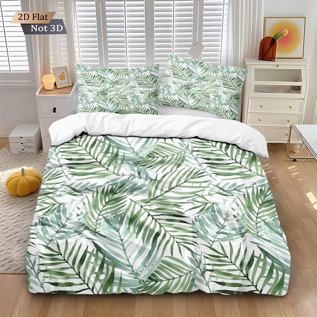 3pcs Green Plant Leaf Printed Down Duvet Cover Set, Multi Size Bedroom And Dormitory Bedding Decoration, Machine Washable